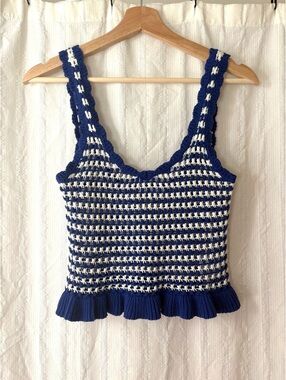Stradivarius Blue and White Crochet Sweater Tank Top, Size S #preppy #americana